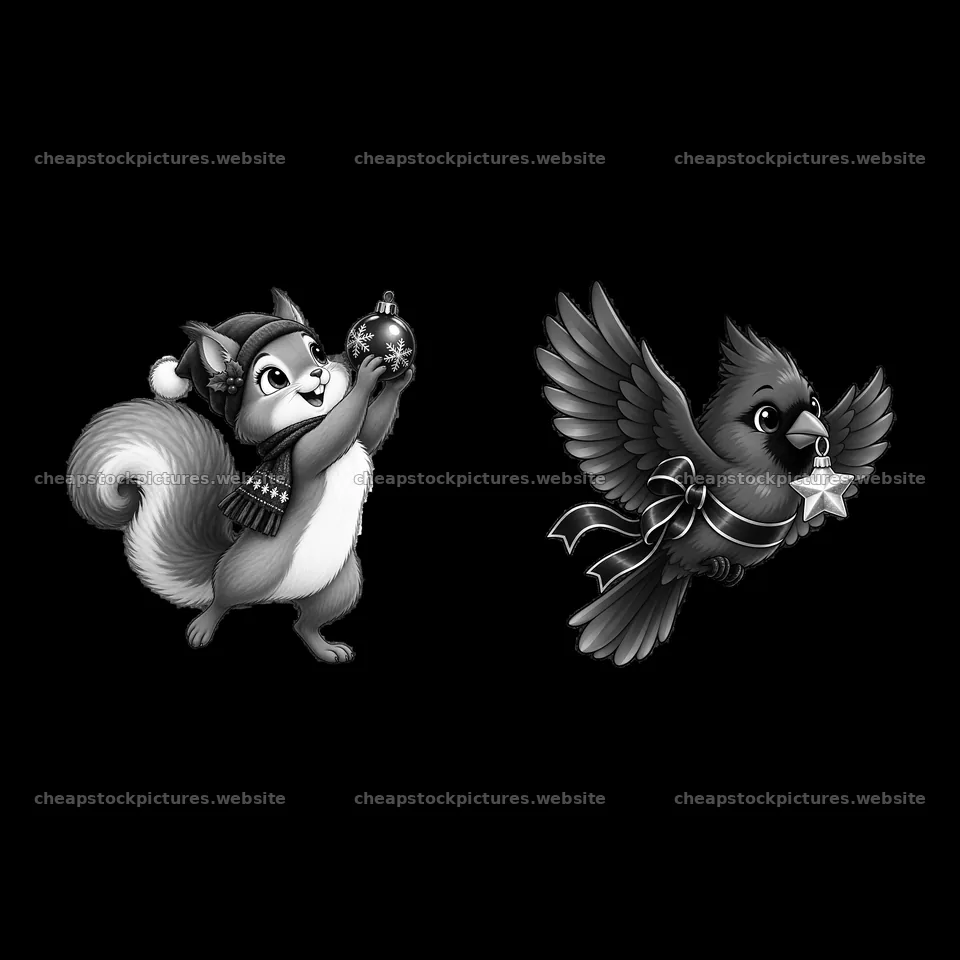 Squirrel and bird with Christmas decorations in black and white – stock pictures 7746x7746