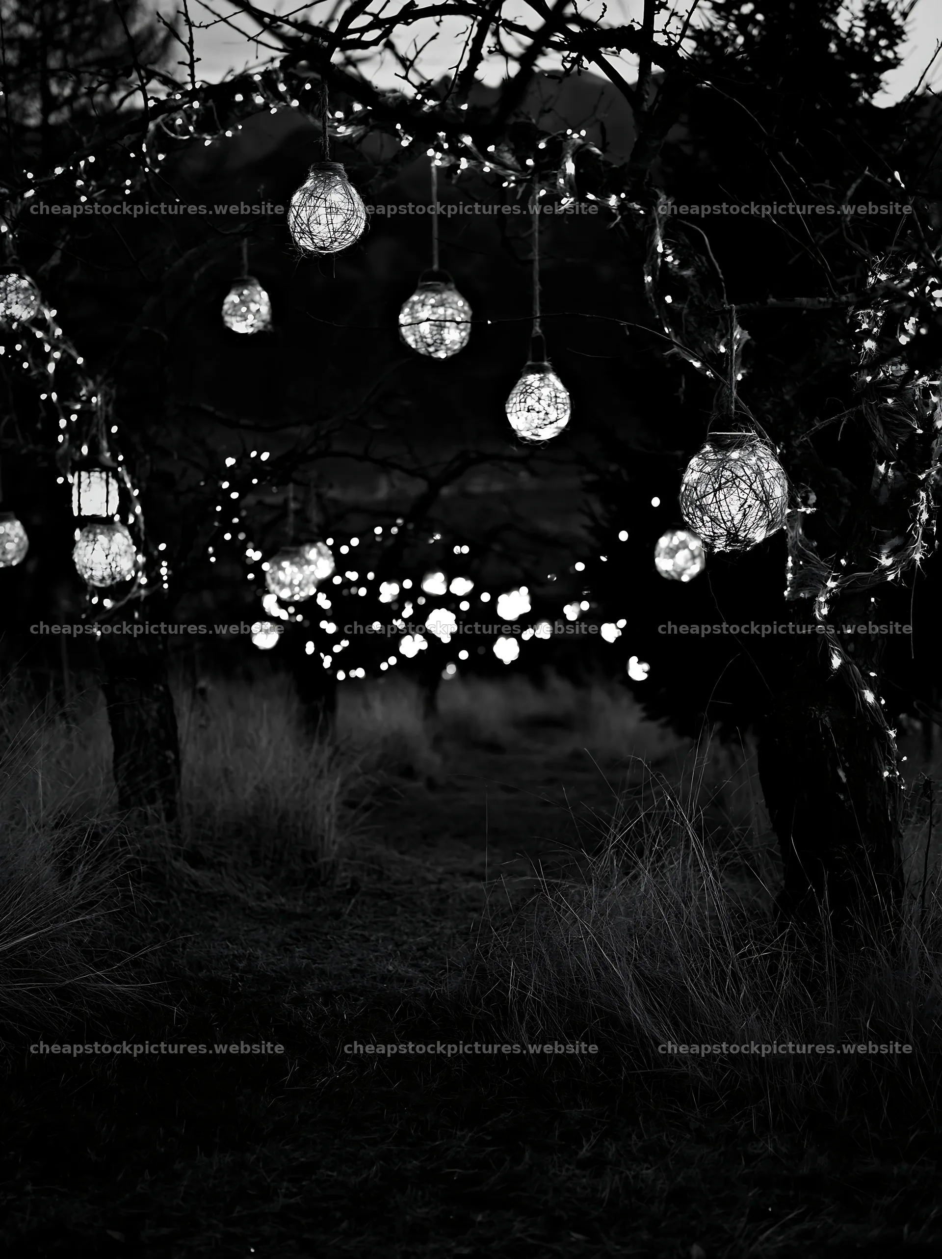 Christmas lights and decorations in a meadow with apple trees – stock pictures 6866x9174