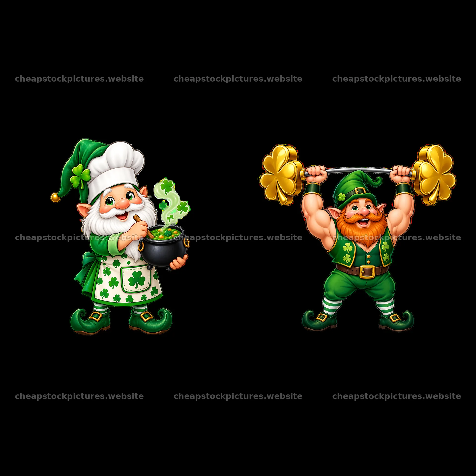 St. Patrick's Day gnome with pot of gold and strongman with weights – stock pictures 7746x7746