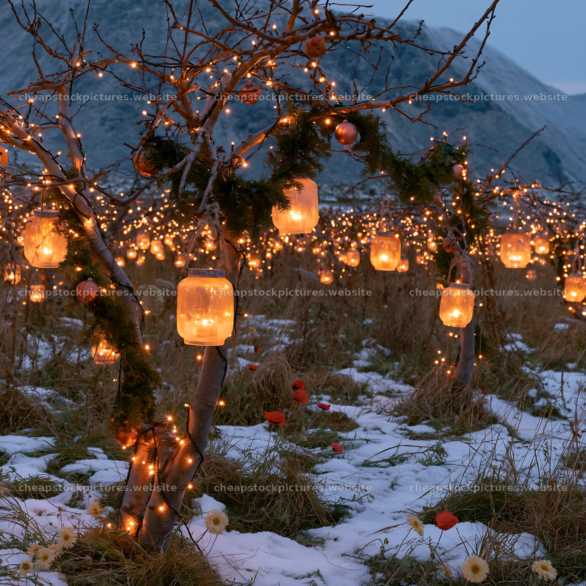 Christmas lanterns in apple tree meadow with snow in Lofoten – stock pictures 7938x7938