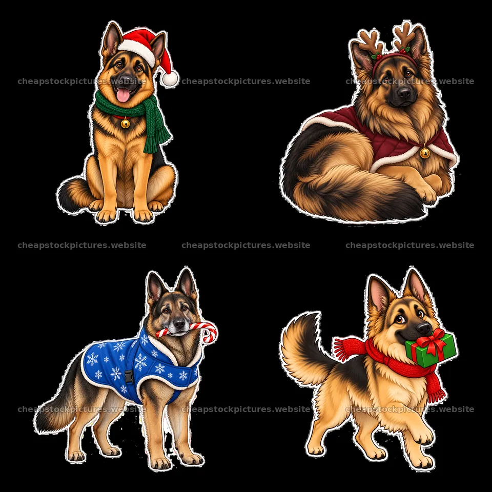 Christmas German Shepherd stickers with festive accessories – stock pictures 7746x7746