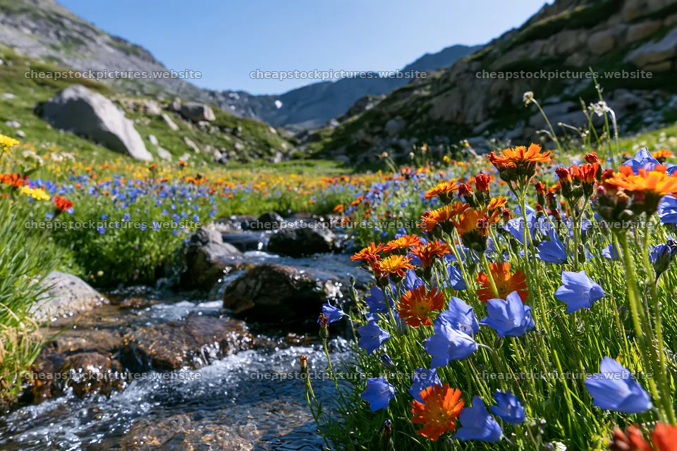 High contrast flower meadow beside brook with clear water – stock pictures 9722x6480