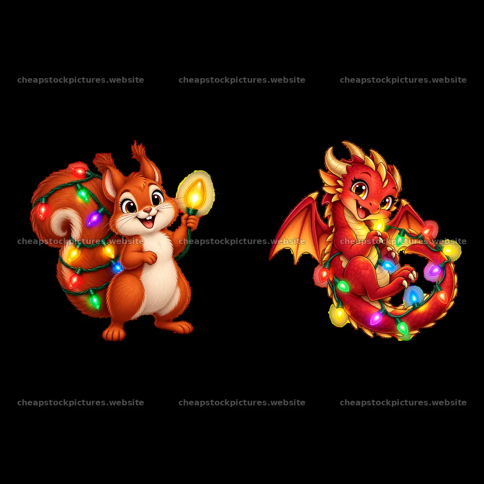 Squirrel and dragon with string lights for festive fun – stock pictures 7746x7746