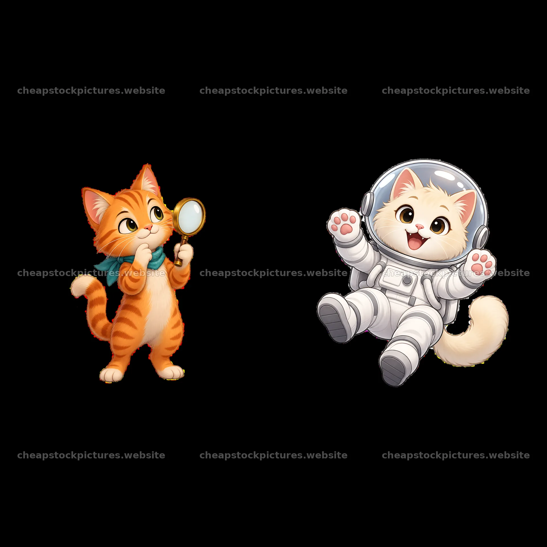Curious cat with magnifying glass and playful cat in astronaut suit – stock pictures 7746x7746