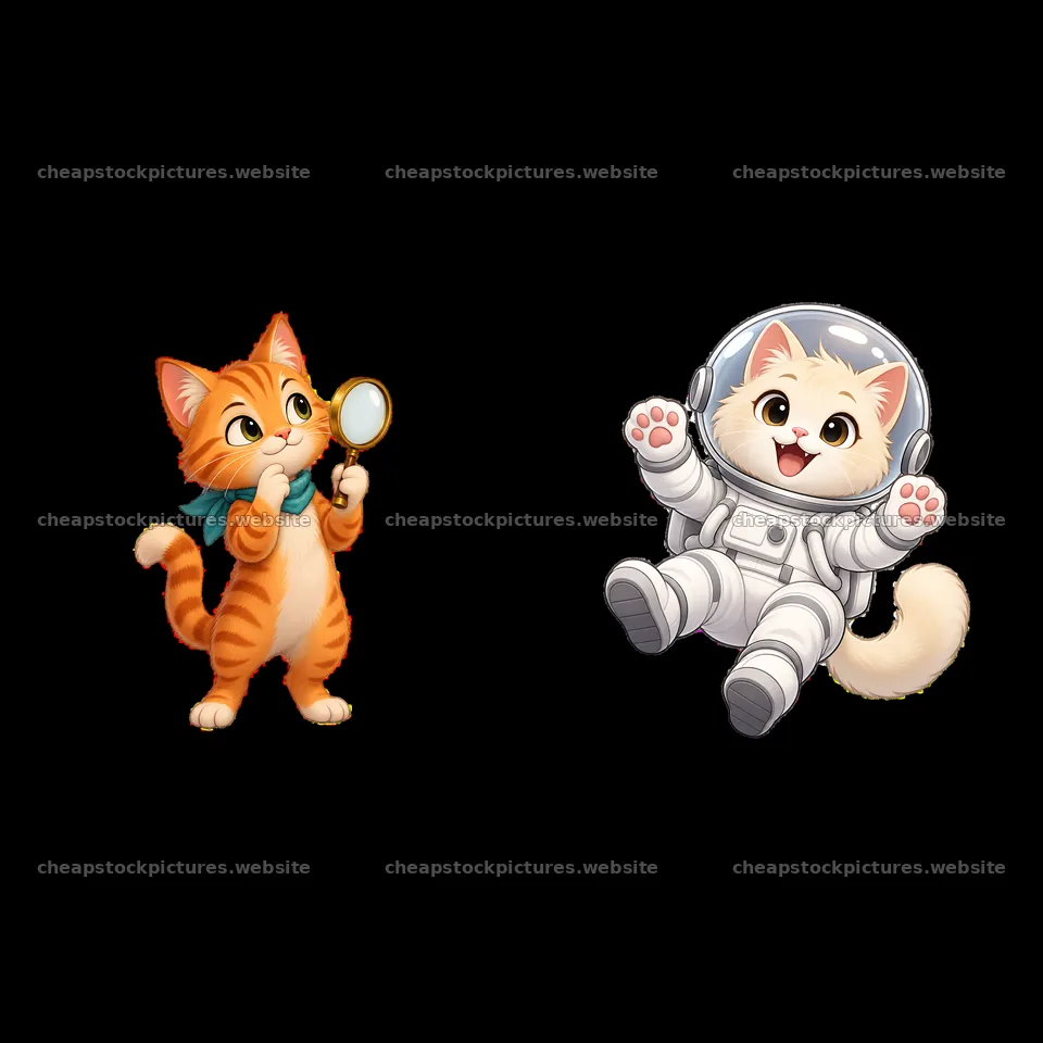 Curious cat with magnifying glass and playful cat in astronaut suit – stock pictures 7746x7746