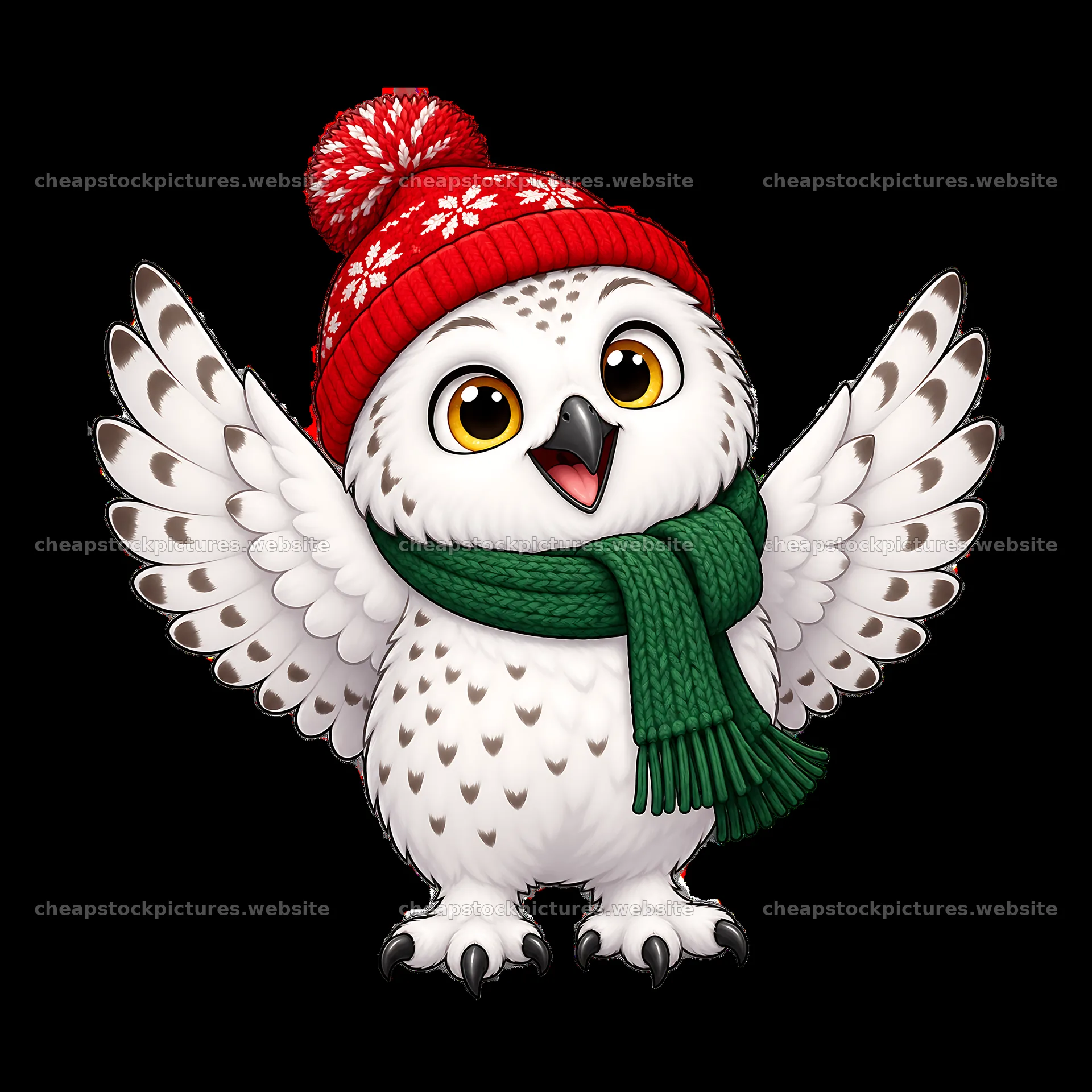 Cute Christmas owl wearing a red hat and green scarf with wings – stock pictures 7746x7746