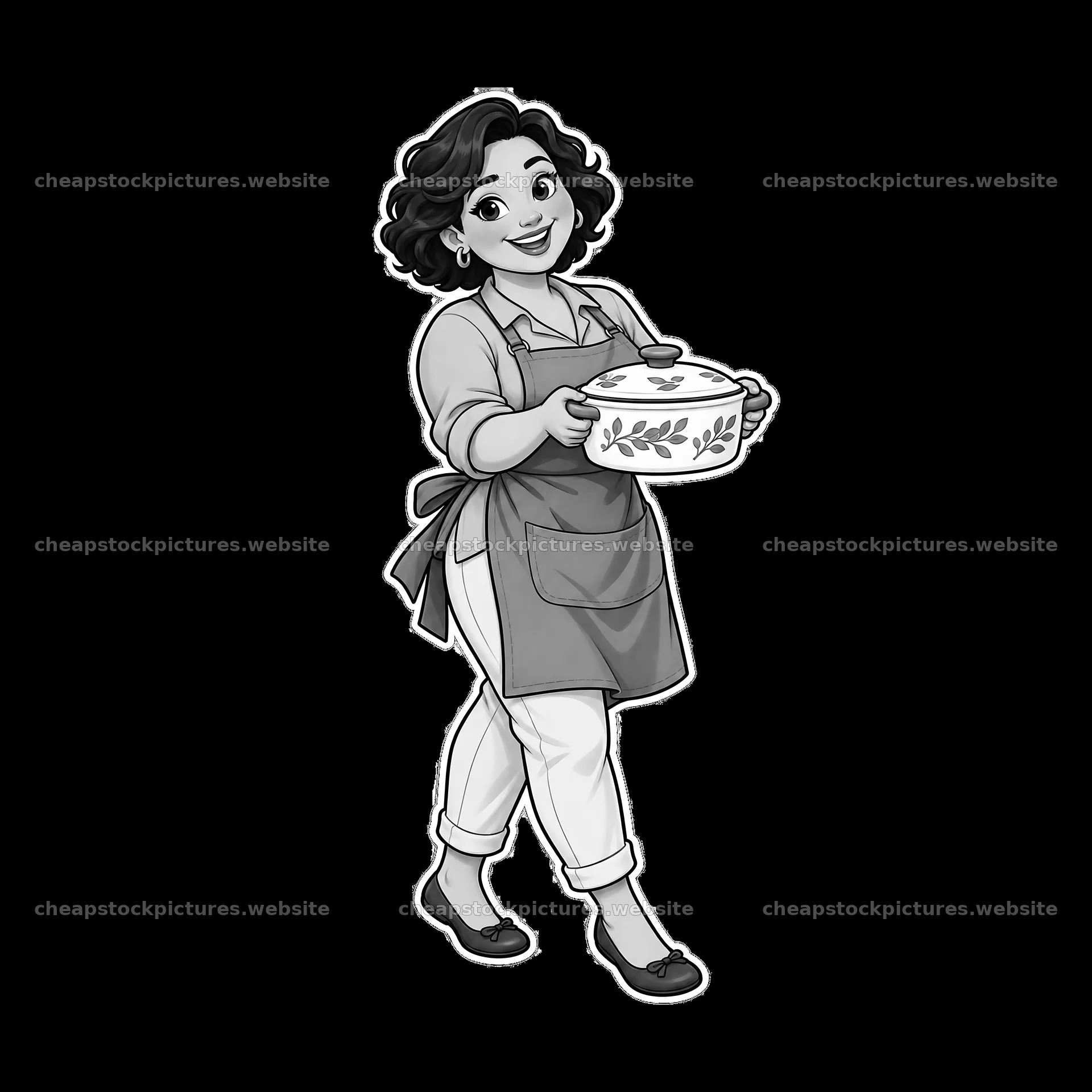 Woman in an apron holding a cooking pot with a smile – stock pictures 7746x7746