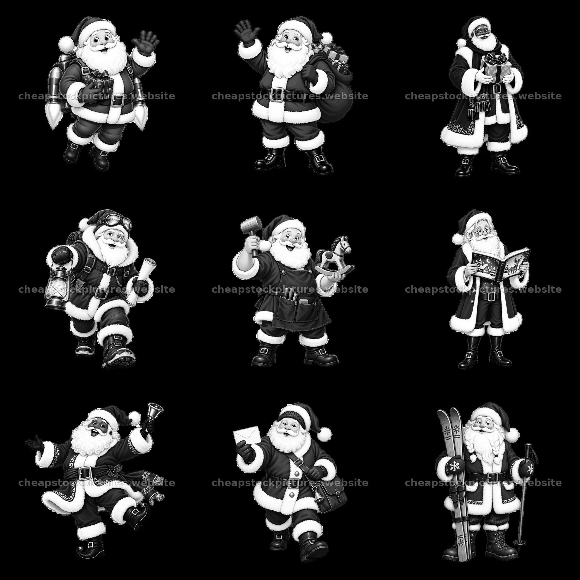 Santa Claus illustrations in various festive activities – stock pictures 7746x7746