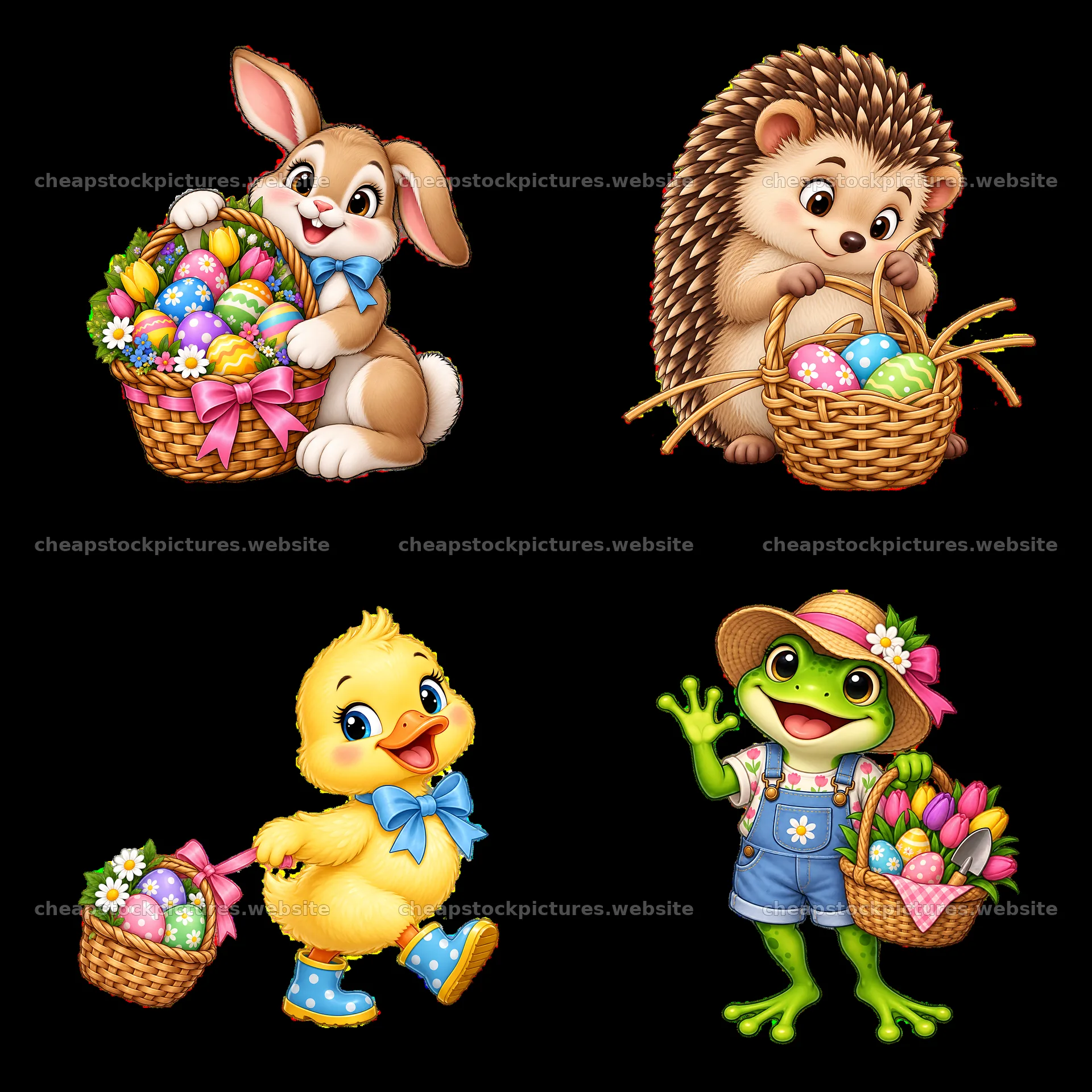 Easter basket cartoon characters with bunny, hedgehog, chick, and – stock pictures 7746x7746