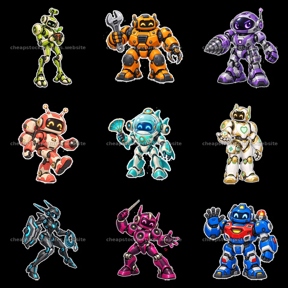 Colorful mech robot stickers arranged in a three by three grid – stock pictures 7746x7746
