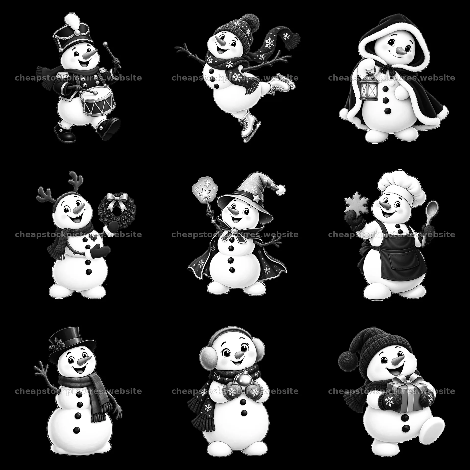 Christmas snowman characters in various festive poses – stock pictures 7746x7746
