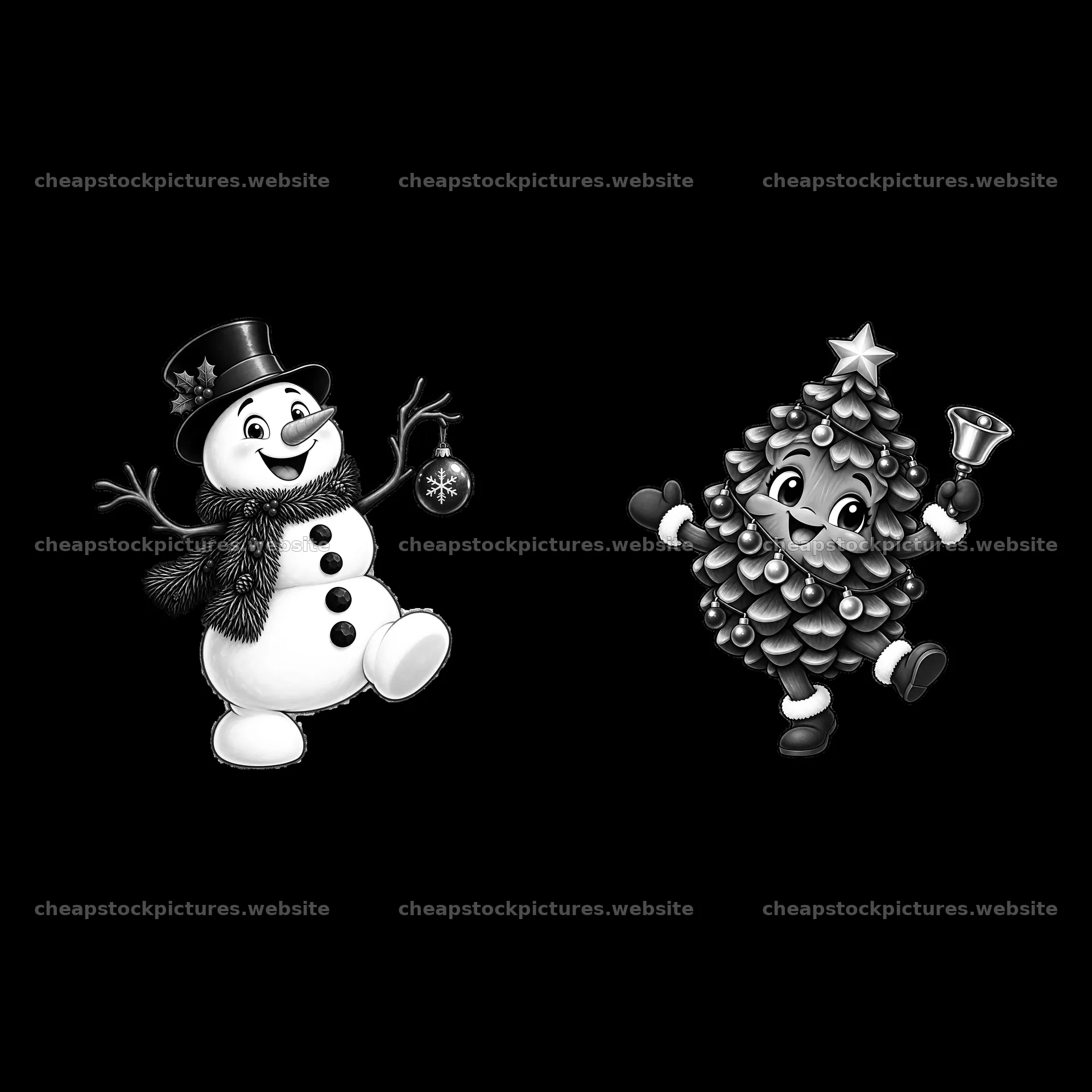 Snowman with ornament and Christmas tree with bell illustration – stock pictures 7746x7746