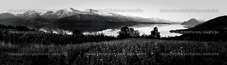 Fjord orchard meadow with mountains and water reflection – stock pictures 14762x4268