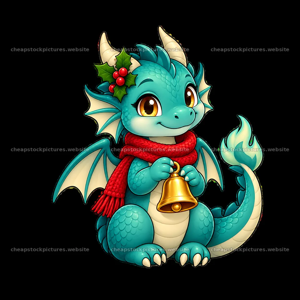 A dragon with teal scales sits holding a bell – stock pictures 7746x7746