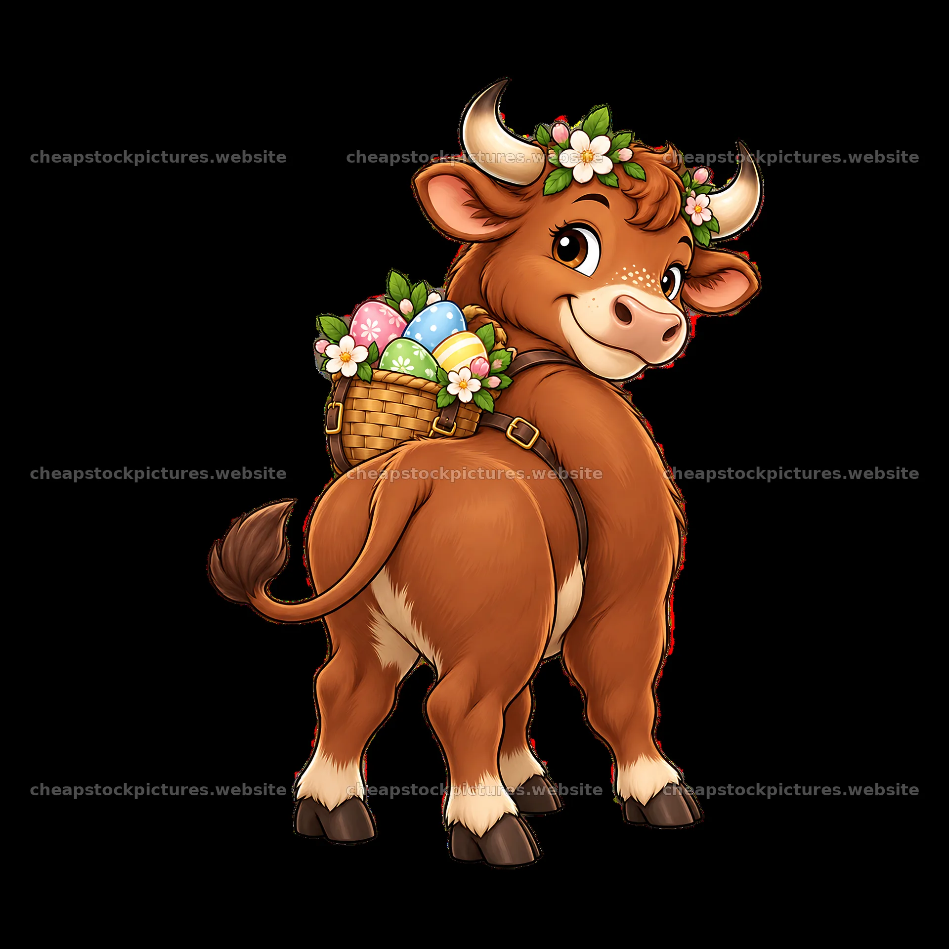 Easter ox with flowers and colorful eggs in a basket – stock pictures 7746x7746