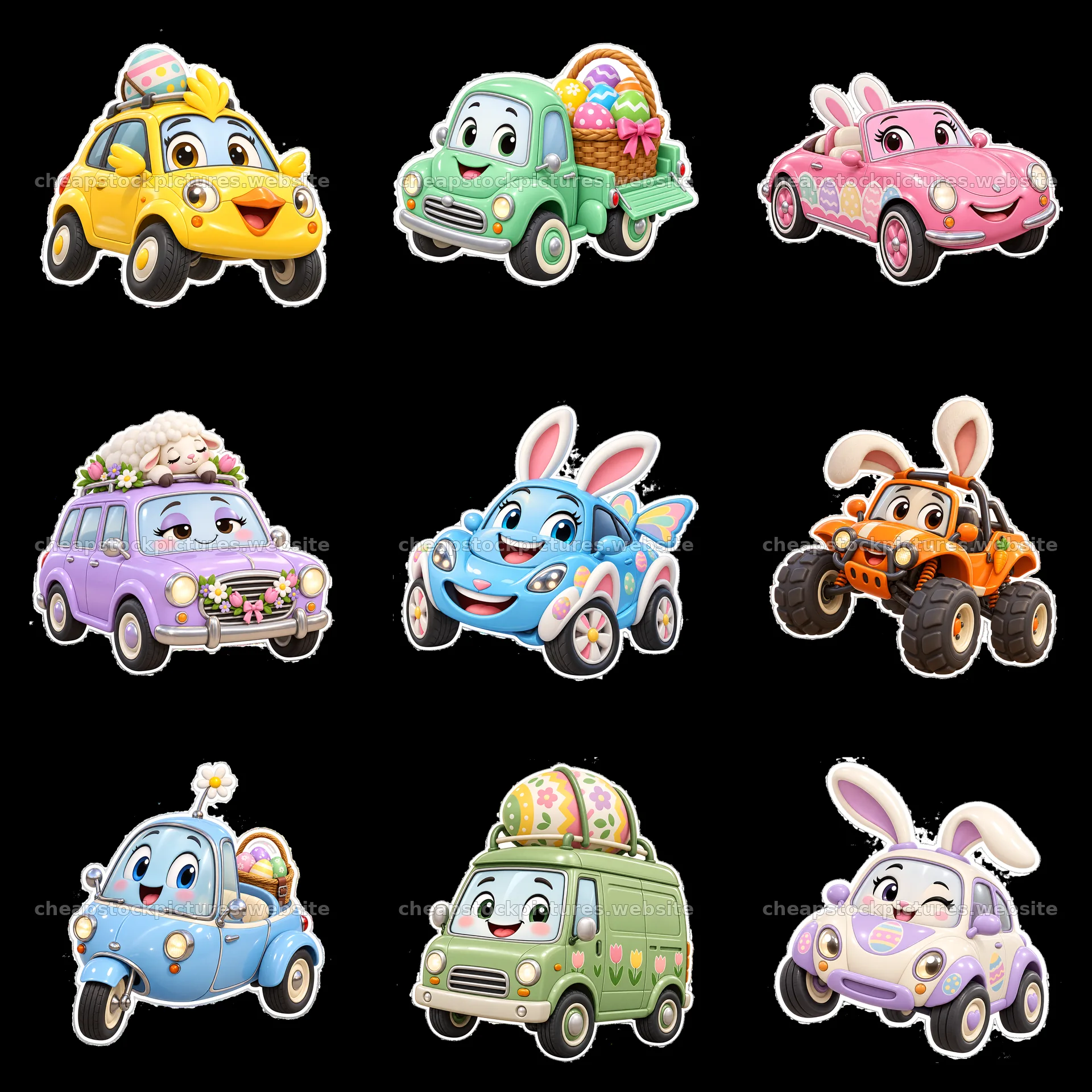 Easter themed cartoon cars in a colorful 3x3 arrangement – stock pictures 7746x7746