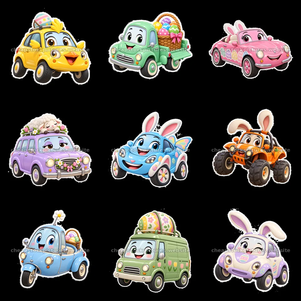Easter themed cartoon cars in a colorful 3x3 arrangement – stock pictures 7746x7746