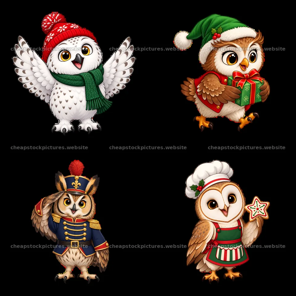Christmas owls in festive attire with gifts and decorations – stock pictures 7746x7746
