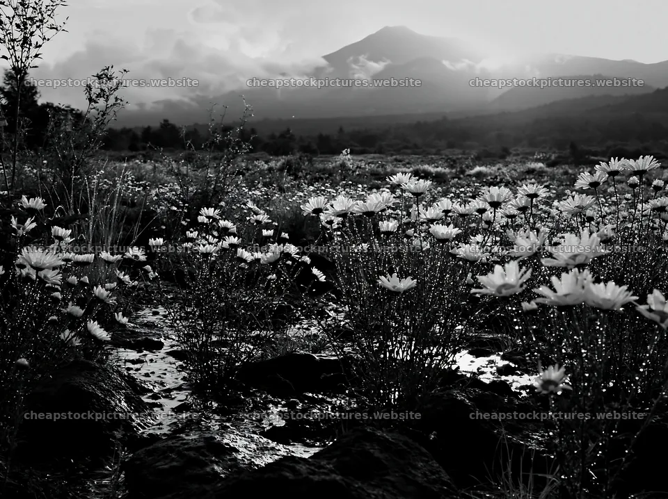 Yamanashi regenerative meadow with basalt stones under cloudy sky – stock pictures 9174x6866