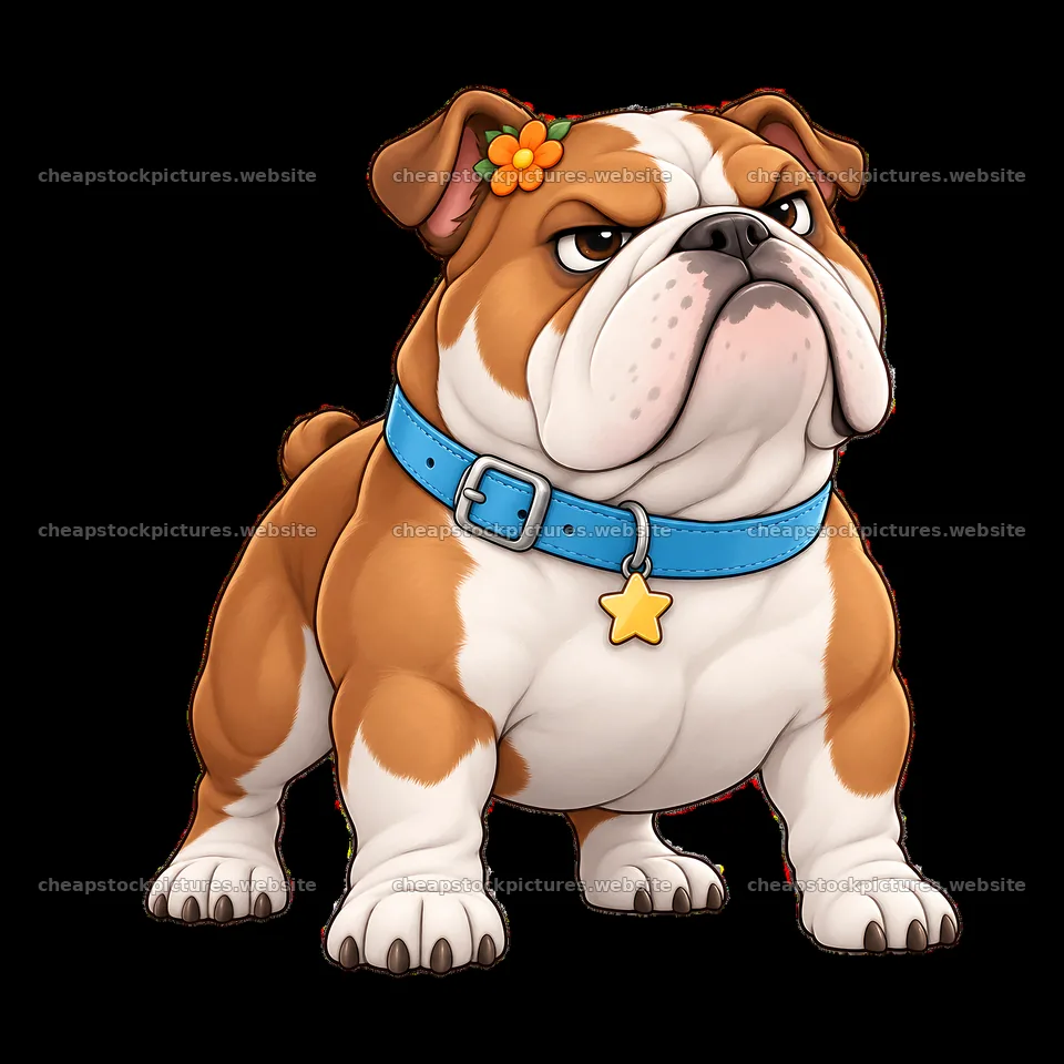 Kawaii grumpy dog wearing blue collar with a flower accessory – stock pictures 7746x7746