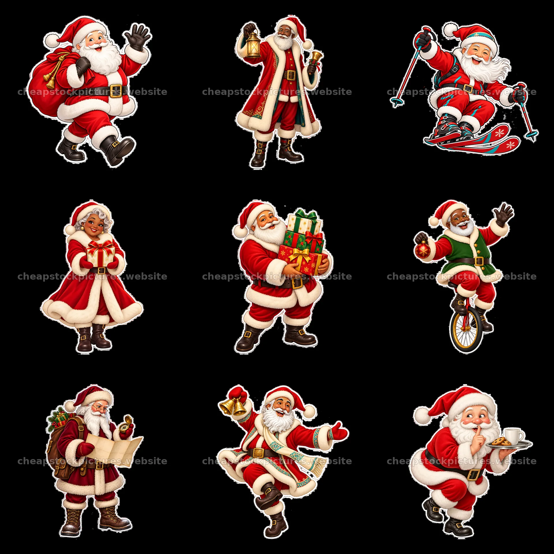 Santa Claus in various festive activities on a 3x3 grid – stock pictures 7746x7746