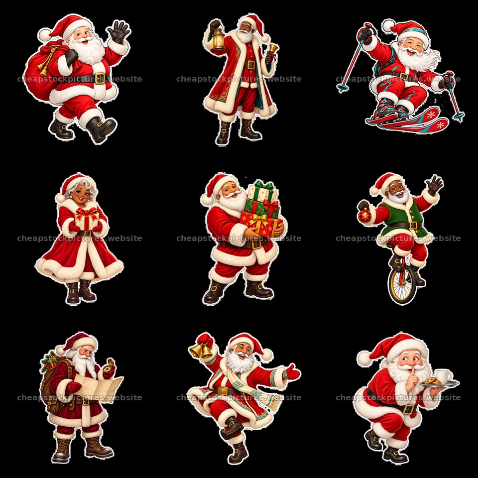 Santa Claus in various festive activities on a 3x3 grid – stock pictures 7746x7746