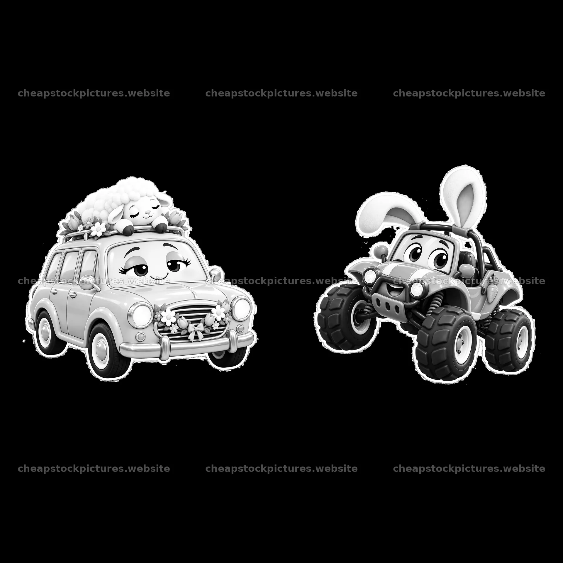 Cartoon Easter car with sheep and bunny in off-road vehicle – stock pictures 7746x7746
