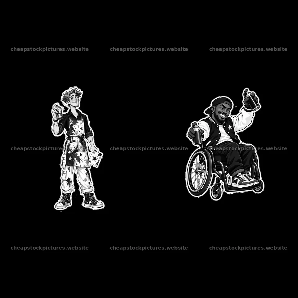 Patriotic graffiti sprayer duo in black and white illustration – stock pictures 7746x7746