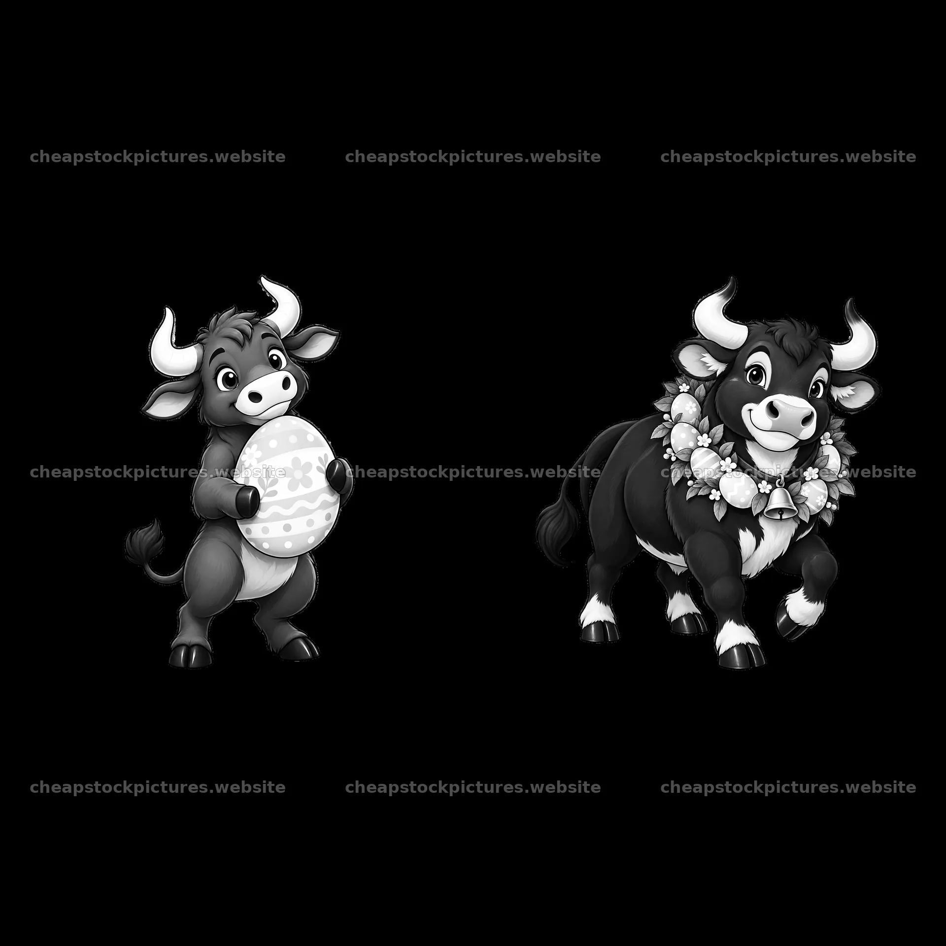 Easter ox characters holding egg and wearing flower lei – stock pictures 7746x7746