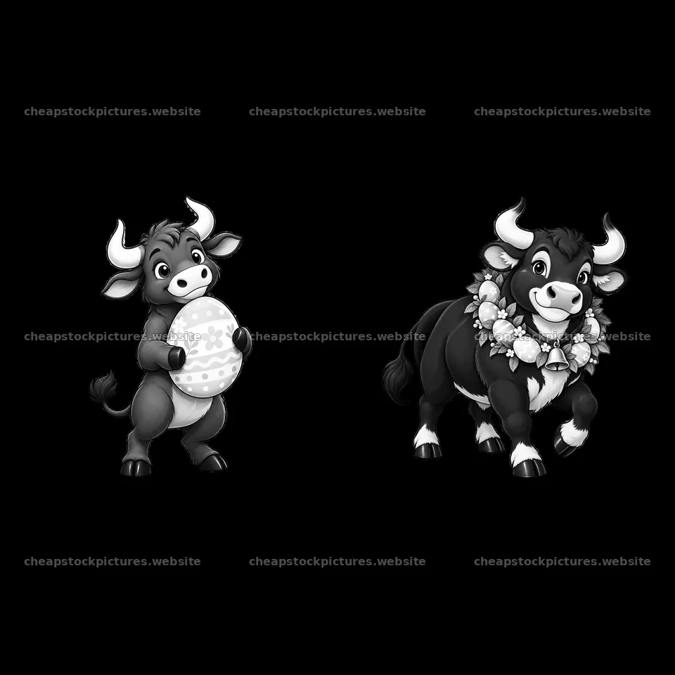 Easter ox characters holding egg and wearing flower lei – stock pictures 7746x7746