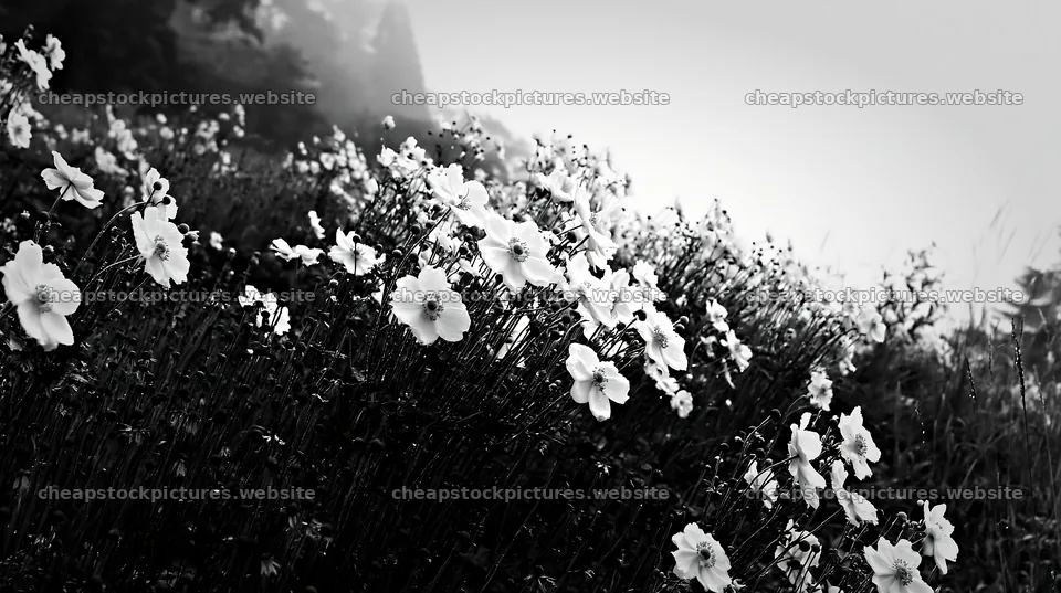 Iwate rain refreshed meadow seedhead foreground with white flowers – stock pictures 10608x5938
