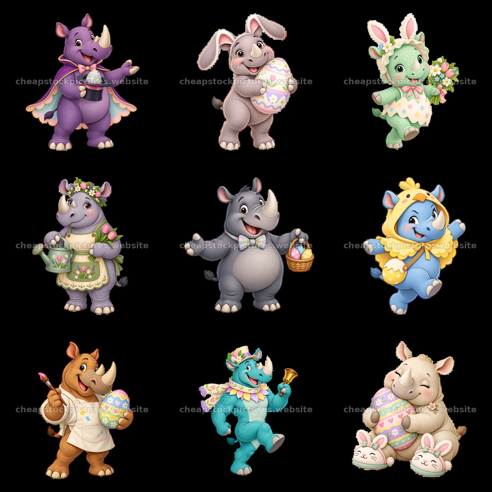 Easter celebration with cute rhinoceroses and bunny characters – stock pictures 7746x7746