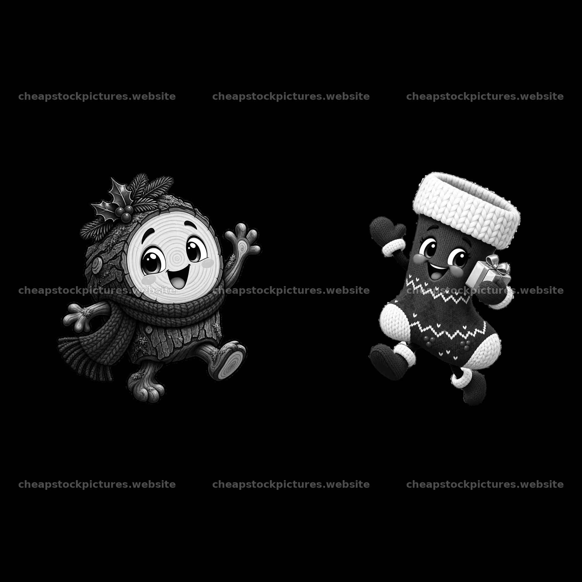 Christmas characters celebrating near a fireplace – stock pictures 7746x7746