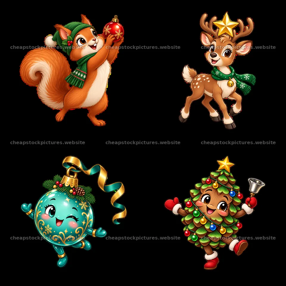 Cartoon animals and decorations celebrating Christmas – stock pictures 7746x7746