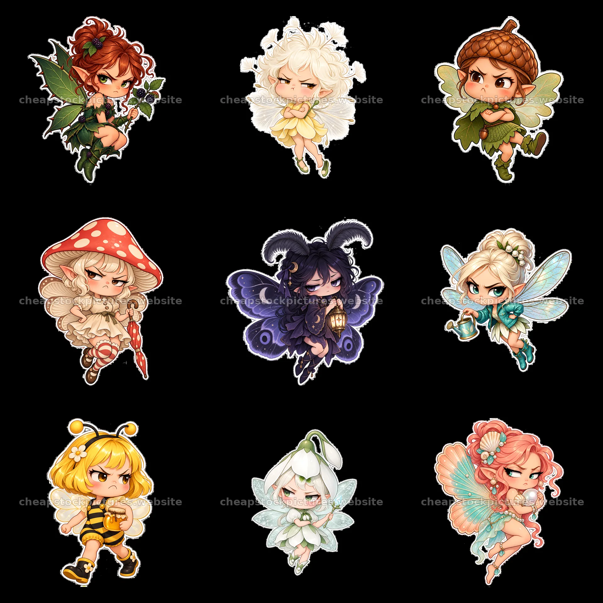 Kawaii grumpy fairies in a 3x3 arrangement with unique designs – stock pictures 7746x7746
