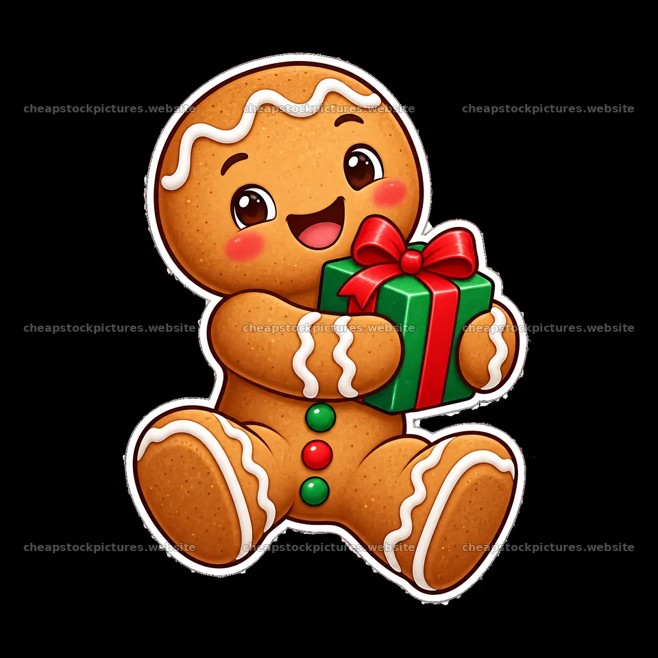 Gingerbread character holding a Christmas present with a big smile – stock pictures 7746x7746