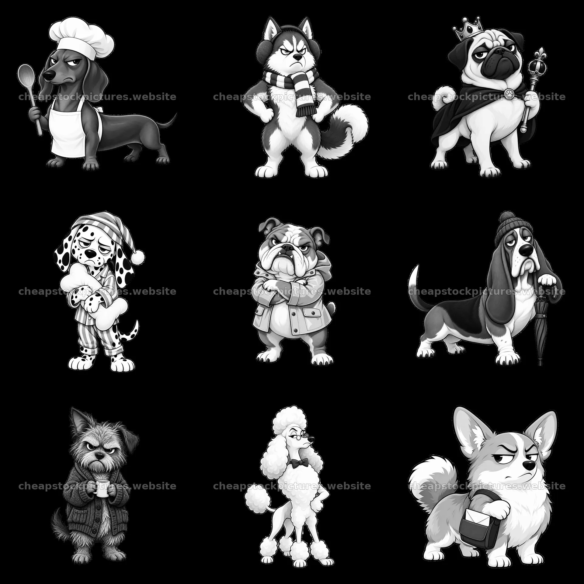 Grumpy dogs in various roles and outfits in a 3x3 grid – stock pictures 7746x7746