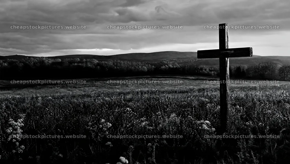 Christian cross in autumn meadow under copper light – stock pictures 10556x5968