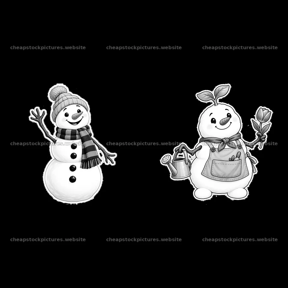 Snowmen with scarf and watering can holding flowers – stock pictures 7746x7746
