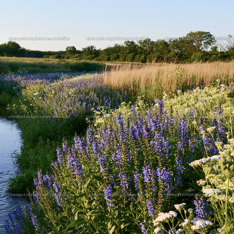 Sunny herb meadow beside stream with wildflowers – stock pictures 7938x7938