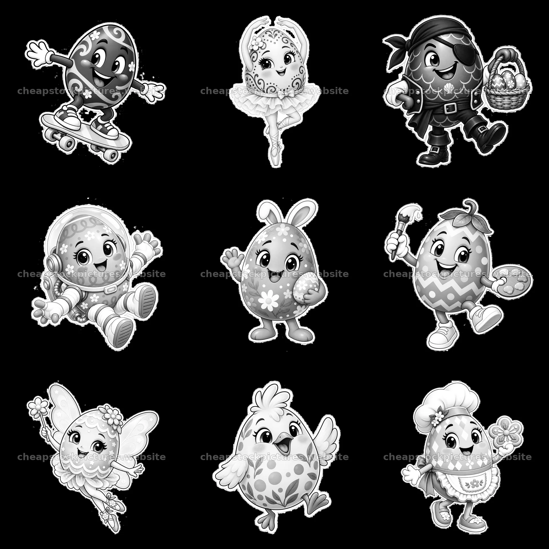 Colorful Easter egg characters in a 3x3 grid arrangement – stock pictures 7746x7746