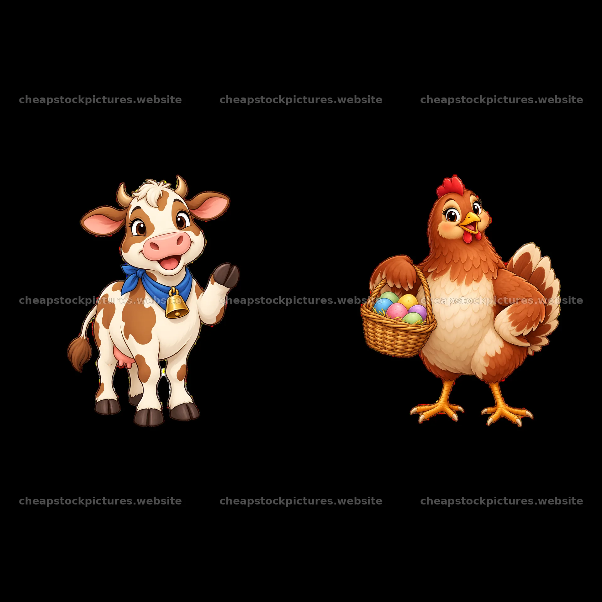 Farm cow and hen holding eggs in a basket – stock pictures 7746x7746