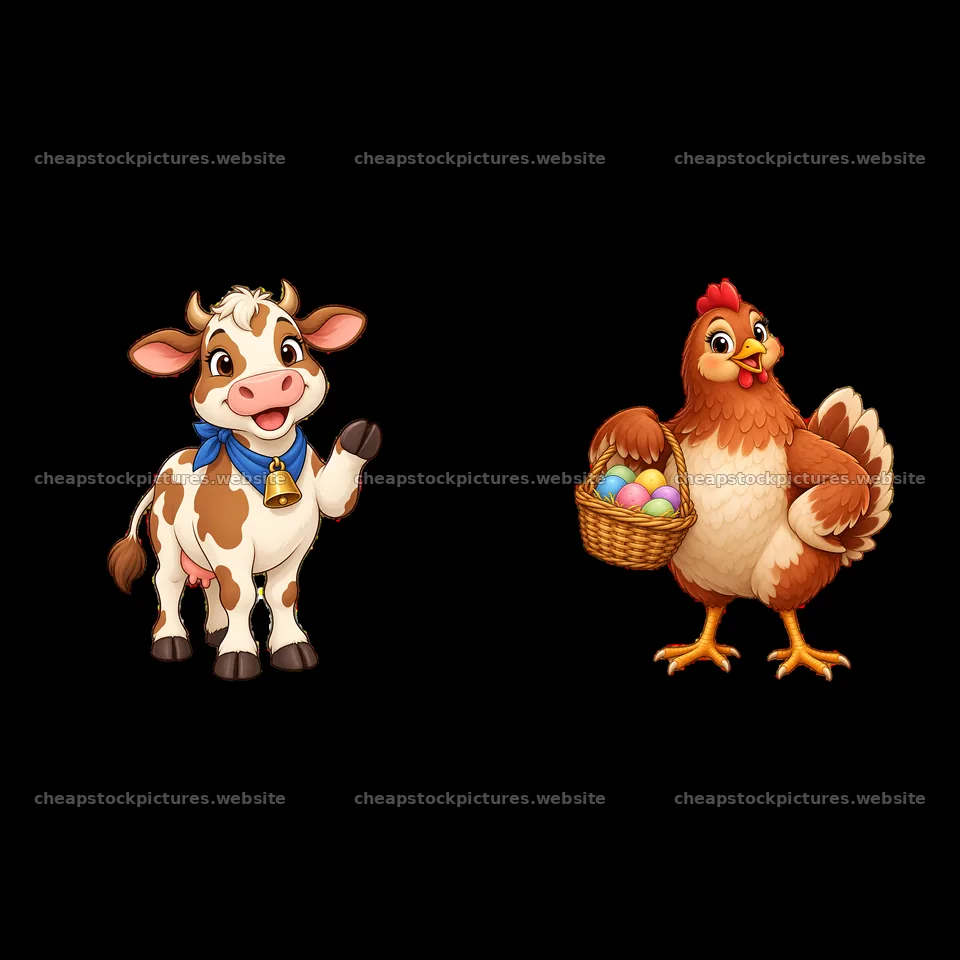 Farm cow and hen holding eggs in a basket – stock pictures 7746x7746