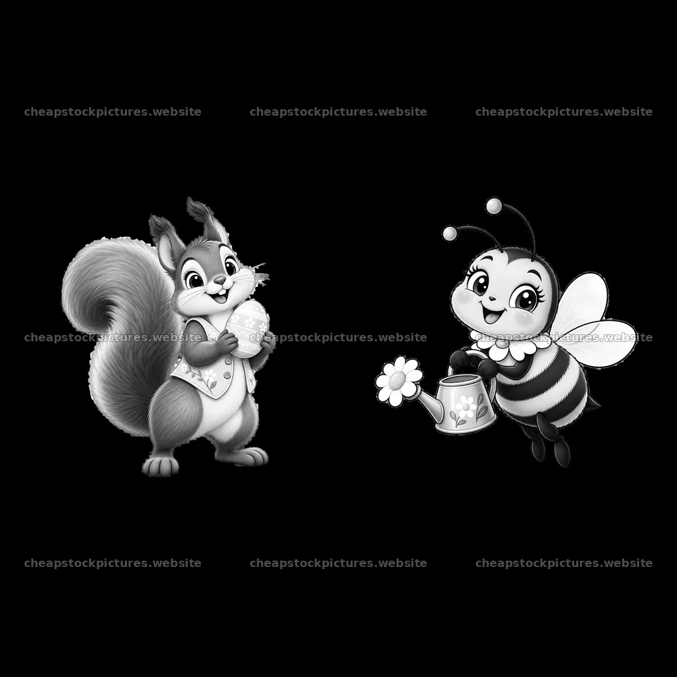 Squirrel holds Easter egg while bee waters flowers in meadow – stock pictures 7746x7746