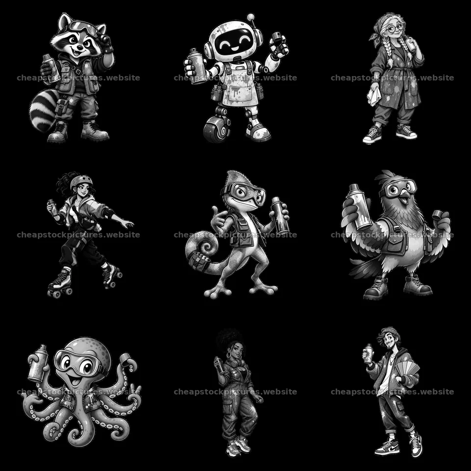Graffiti sprayers in black and white cartoon sticker format – stock pictures 7746x7746