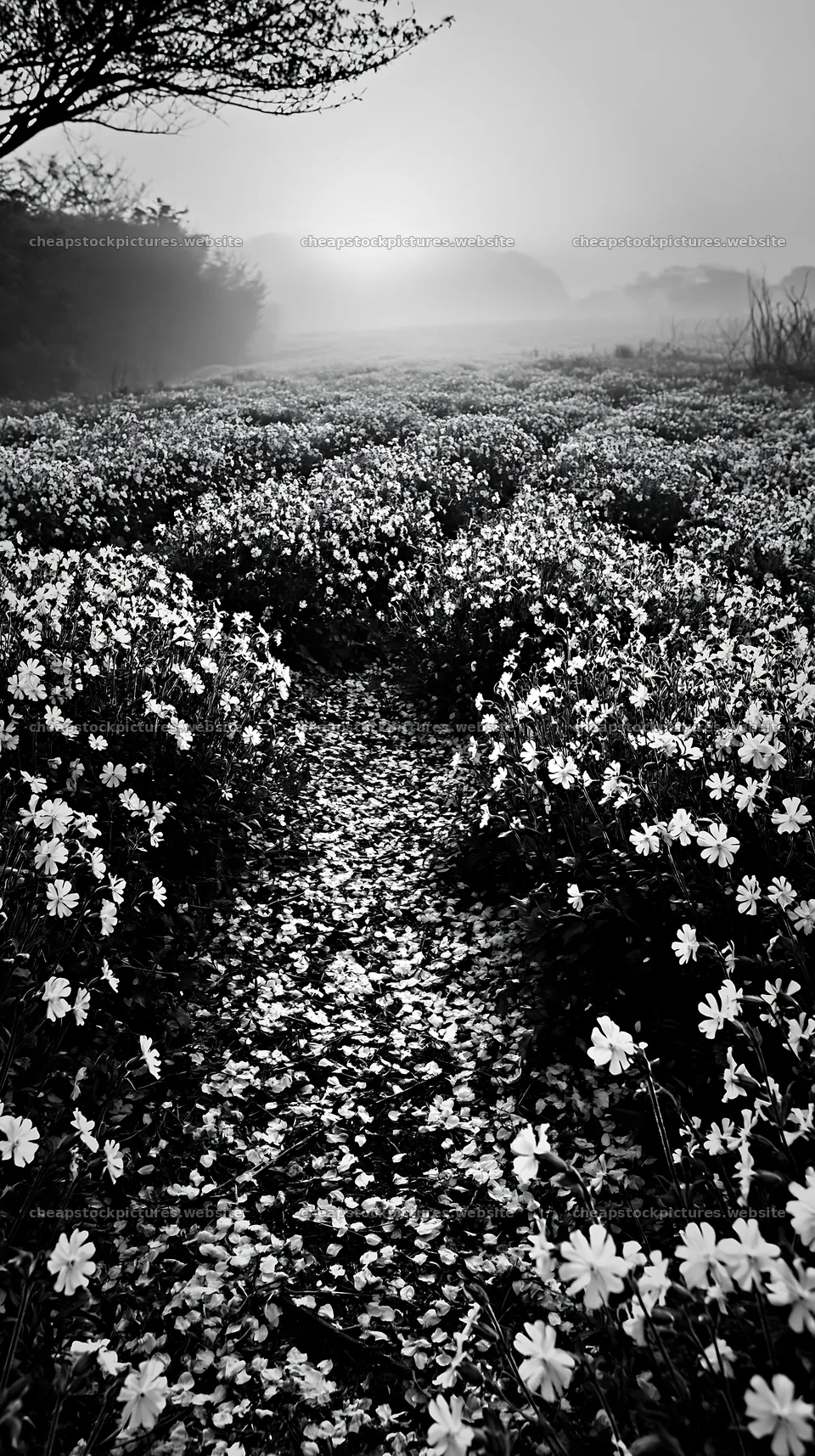 Fukuoka spring meadow fallen blossom foreground at sunrise – stock pictures 5938x10608