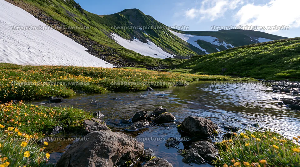 Toyama alpine meadow snowmelt rock foreground with flowers – stock pictures 10608x5938