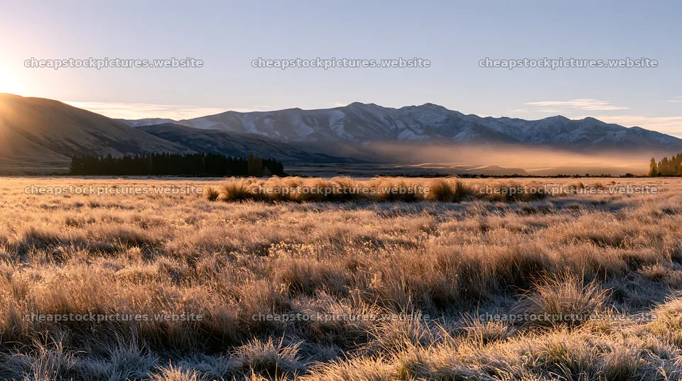Frosty meadow at sunrise with mountains in the background – stock pictures 10608x5938