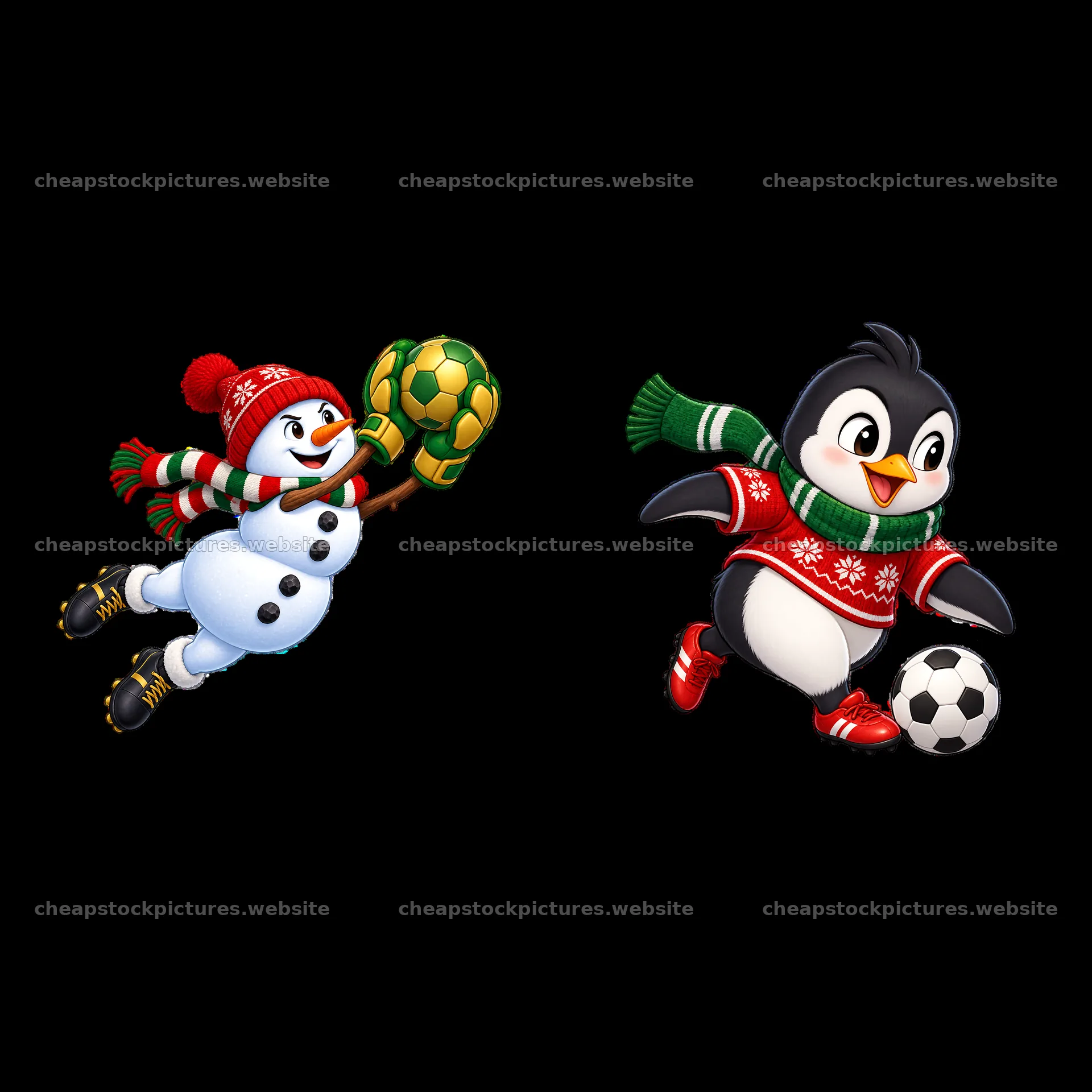 Snowman and penguin playing soccer during Christmas – stock pictures 7746x7746