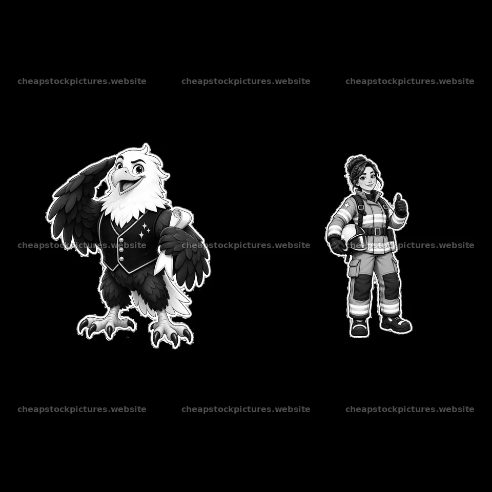 Eagle mascot in jacket poses with confident female firefighter – stock pictures 7746x7746